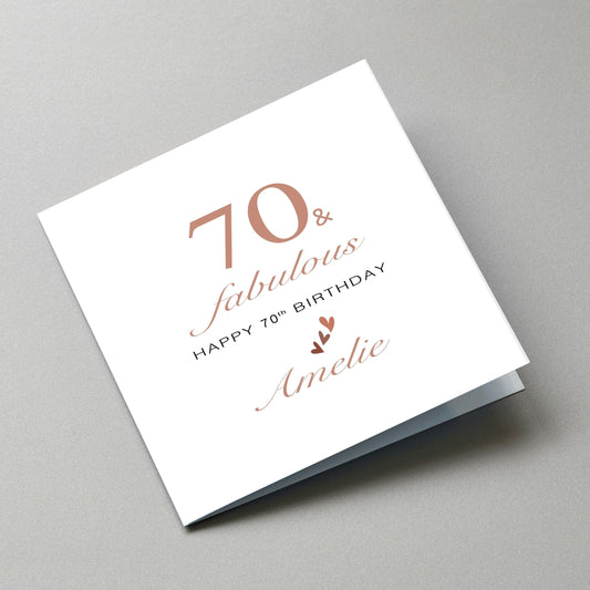 Personalised 70th Birthday Card, 70th and Fabulous - Angled Card View