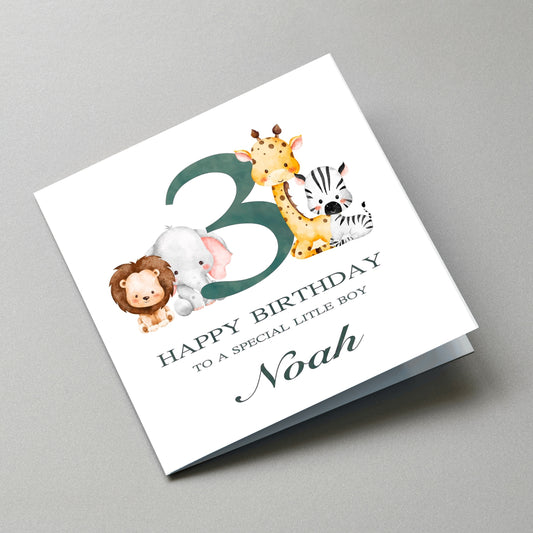 Safari Animal 3rd Birthday Card - Angled Card View