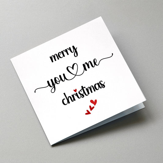 Merry You & Me Christmas Card, Romantic Christmas Card, Premium Card with Grey Envelope and Gift Tags, Perfect Christmas Card for Couples - Angled Card View