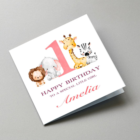 Safari Animal 1st Birthday Card - Angled Card View