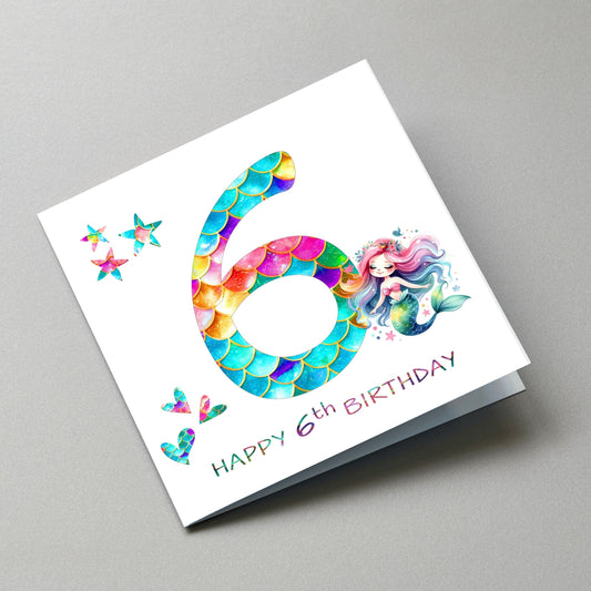 Mermaid 6th Birthday Card - Angled Card View