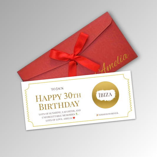 Personalised Scratch to Reveal Card, Custom Surprise Ticket, Birthday Gift, Christmas Gift Reveal, Premium Name Ribbon Envelope - Premium Red Envelope with GOLD Card (With Name)