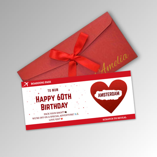 Personalised Birthday Boarding Pass Scratch Reveal Card - Premium Red Envelope with RED Card (With Name)