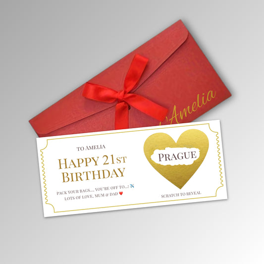 Personalised Scratch Off Birthday Ticket - Premium Red Envelope (With Name)