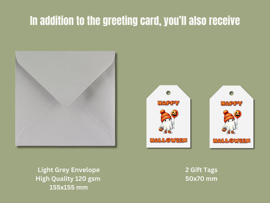 Happy Halloween Card, Ghost, Pumpkin, Trick or Treat, Handmade Greeting Card with 120gsm Light Grey Envelope & 2 Gift Tags, P