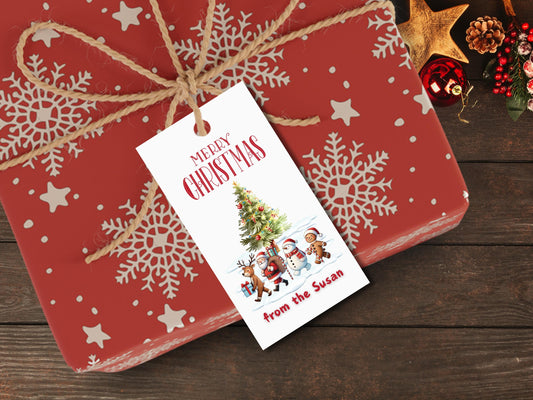 Personalized Christmas gift tag displayed on a red Christmas present