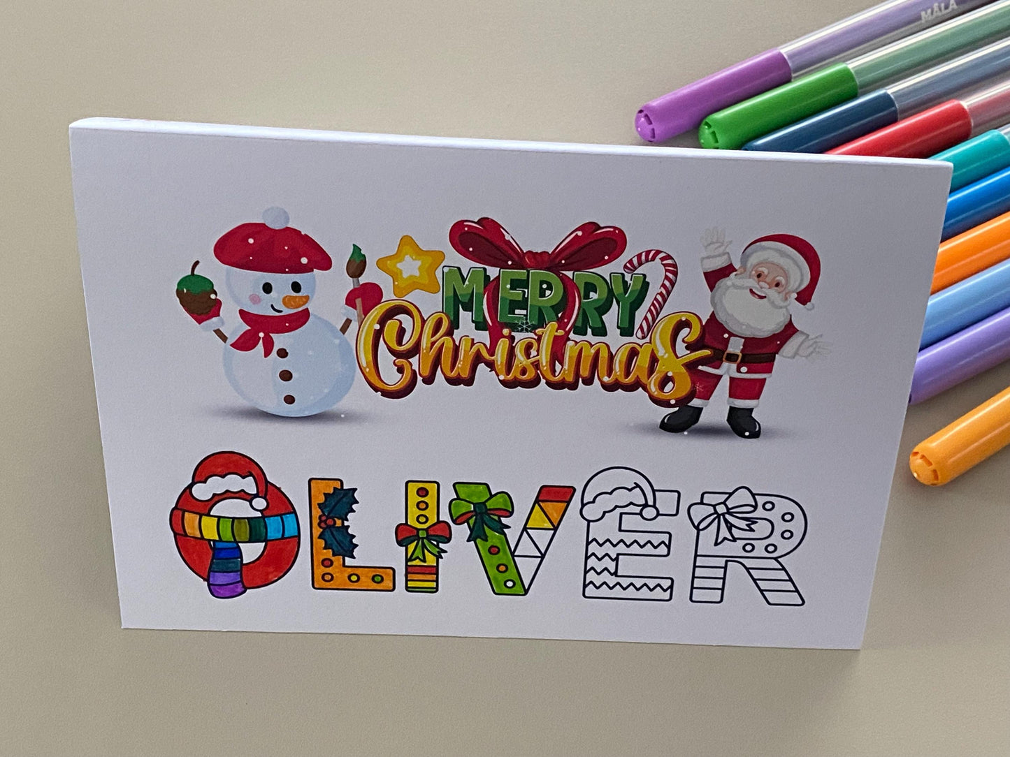 Personalized Merry Christmas Card with Colour-In Name