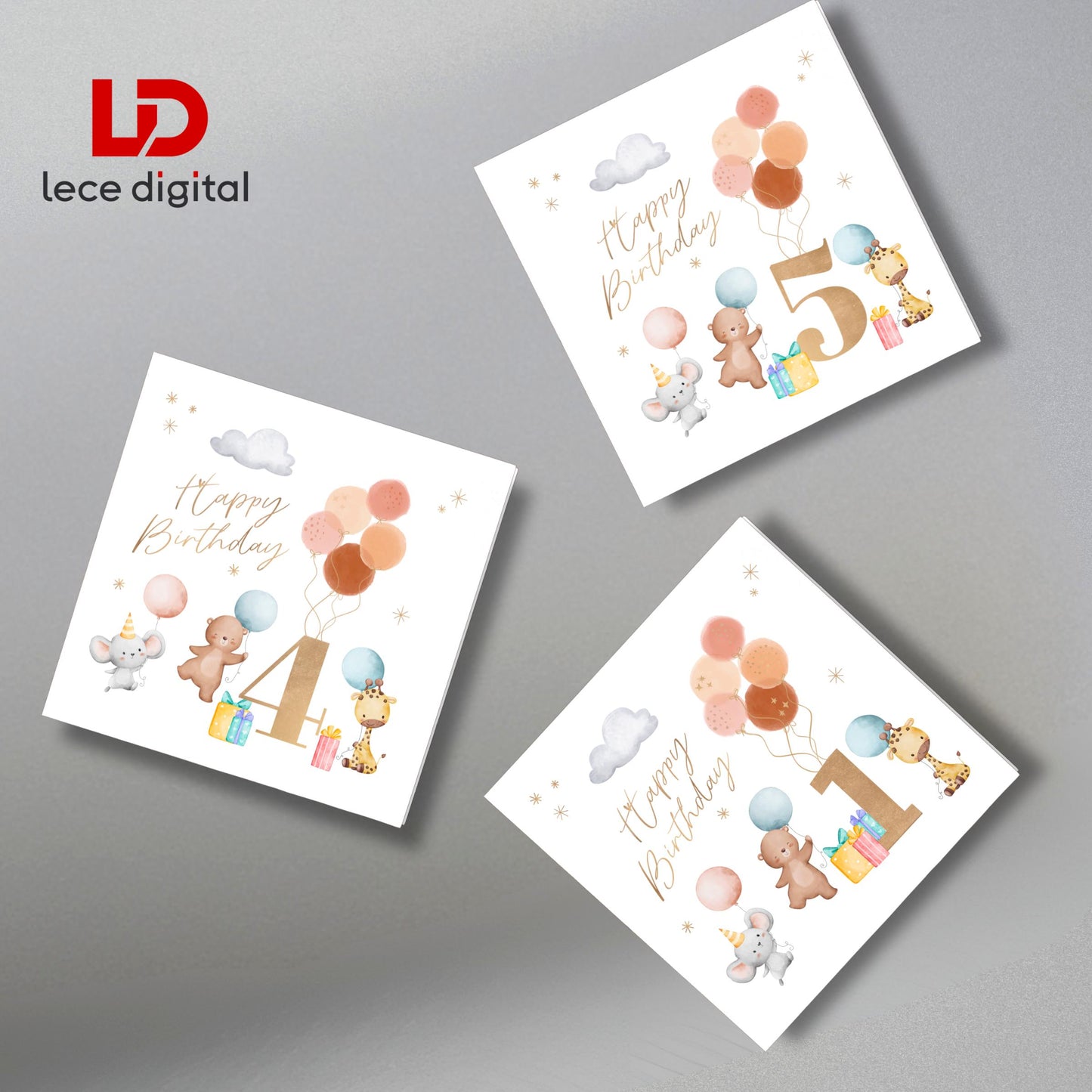 Third Birthday Card, Watercolor Animals, Gold Text, Light Grey Envelope