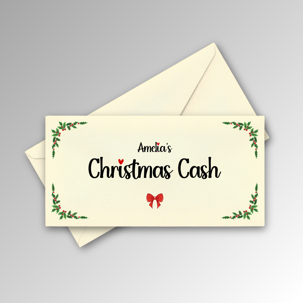 Ivory DL Christmas cash envelopes, front and pointed flap back, Amelia's print