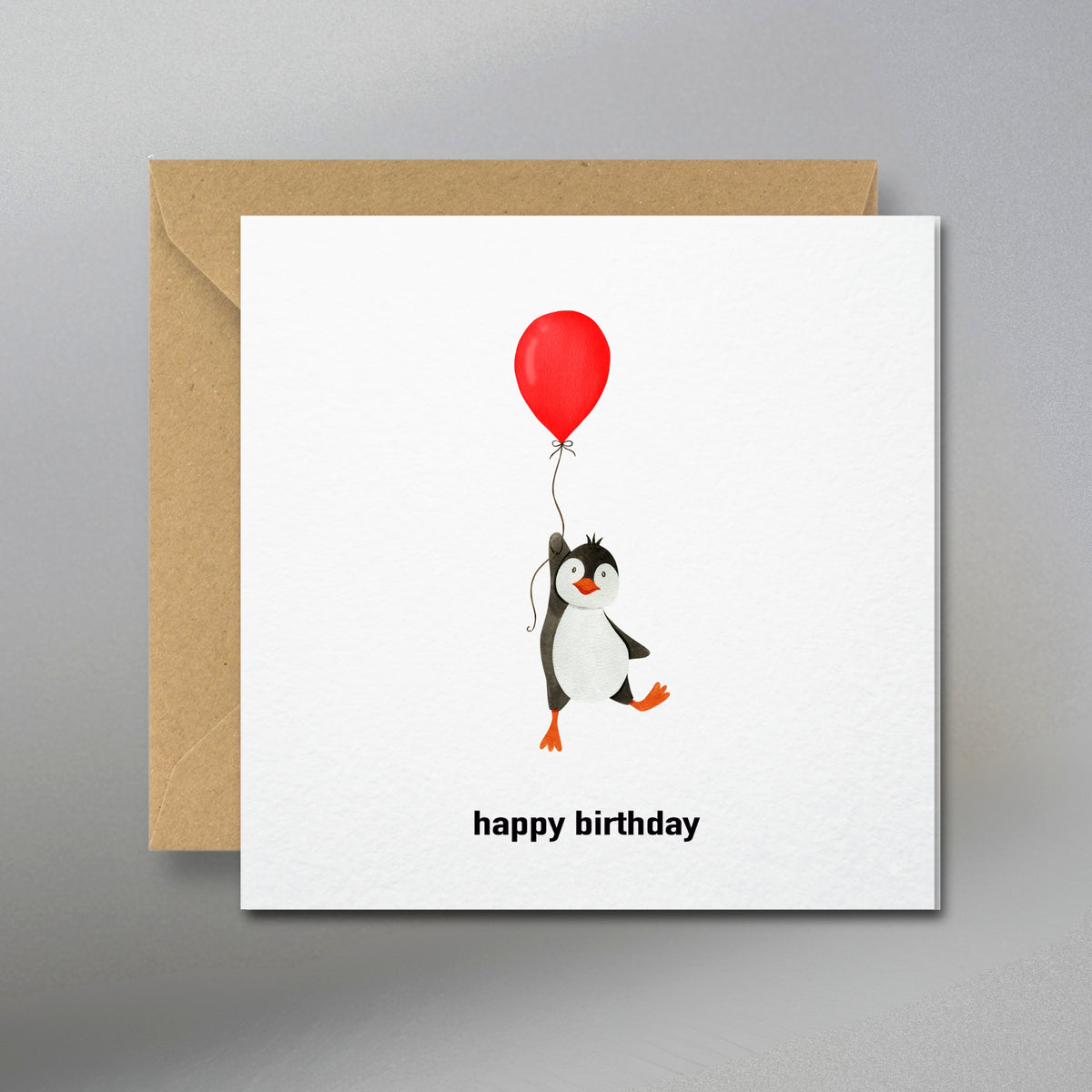 Penguin Birthday Gift Card with Kraft Envelope - Main Front View with Kraft Envelope