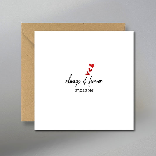 Personalized always & Forever Anniversary Card - Main Front View with Kraft Envelope