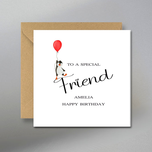 Personalised Penguin 'Friend' Birthday Card - Main Front View with Kraft Envelope