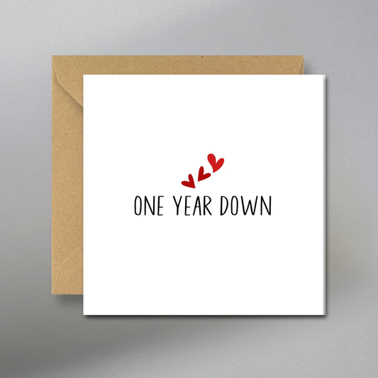 First Anniversary Card, One Year Down Card - Main Front View with Kraft Envelope
