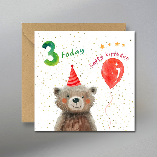 3 Today Birthday Card, 3rd Birthday Card - Main Front View with Kraft Envelope