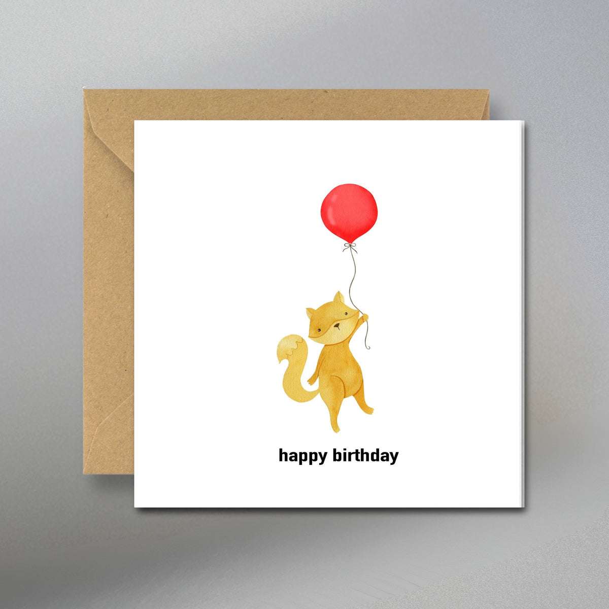 Fox Happy Birthday Card - Main Front View with Kraft Envelope