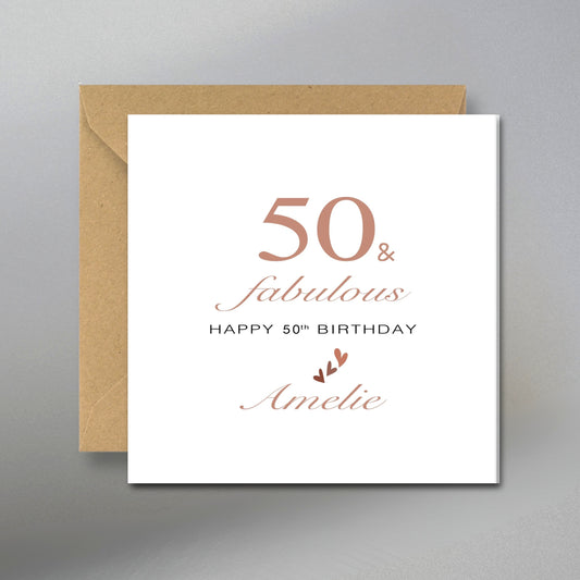 Personalised 50th Birthday Card - Main Front View with Kraft Envelope