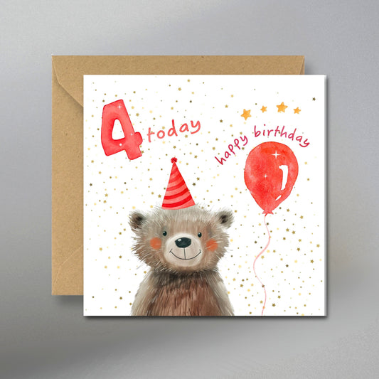 4 Today Birthday Card, 4th Birthday Card - Main Front View with Kraft Envelope