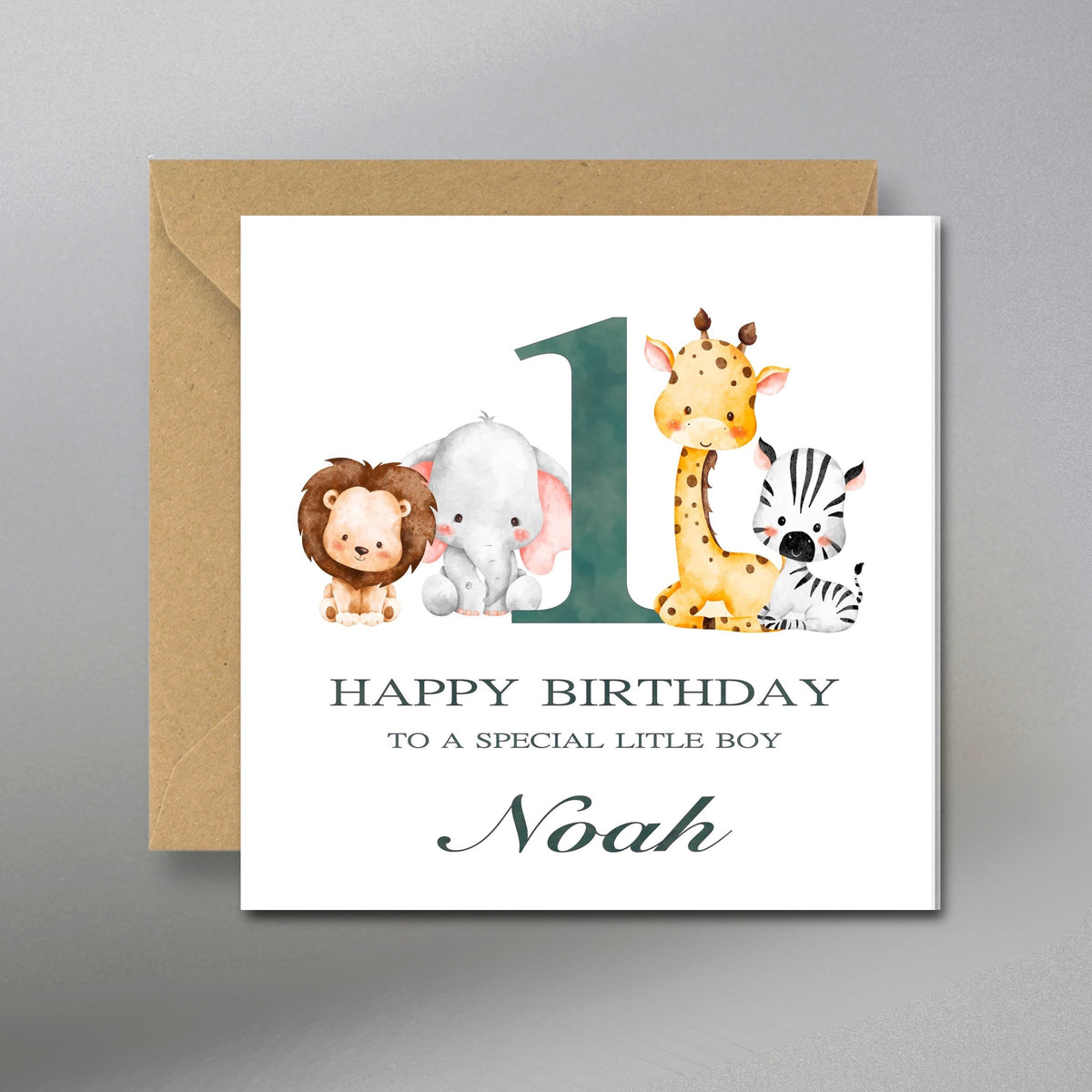 Safari Animal 1st Birthday Card - Main Front View with Kraft Envelope