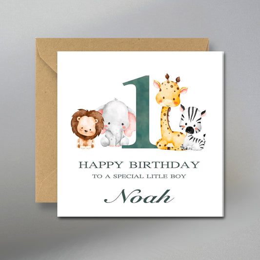 Safari Animal 1st Birthday Card - Main Front View with Kraft Envelope