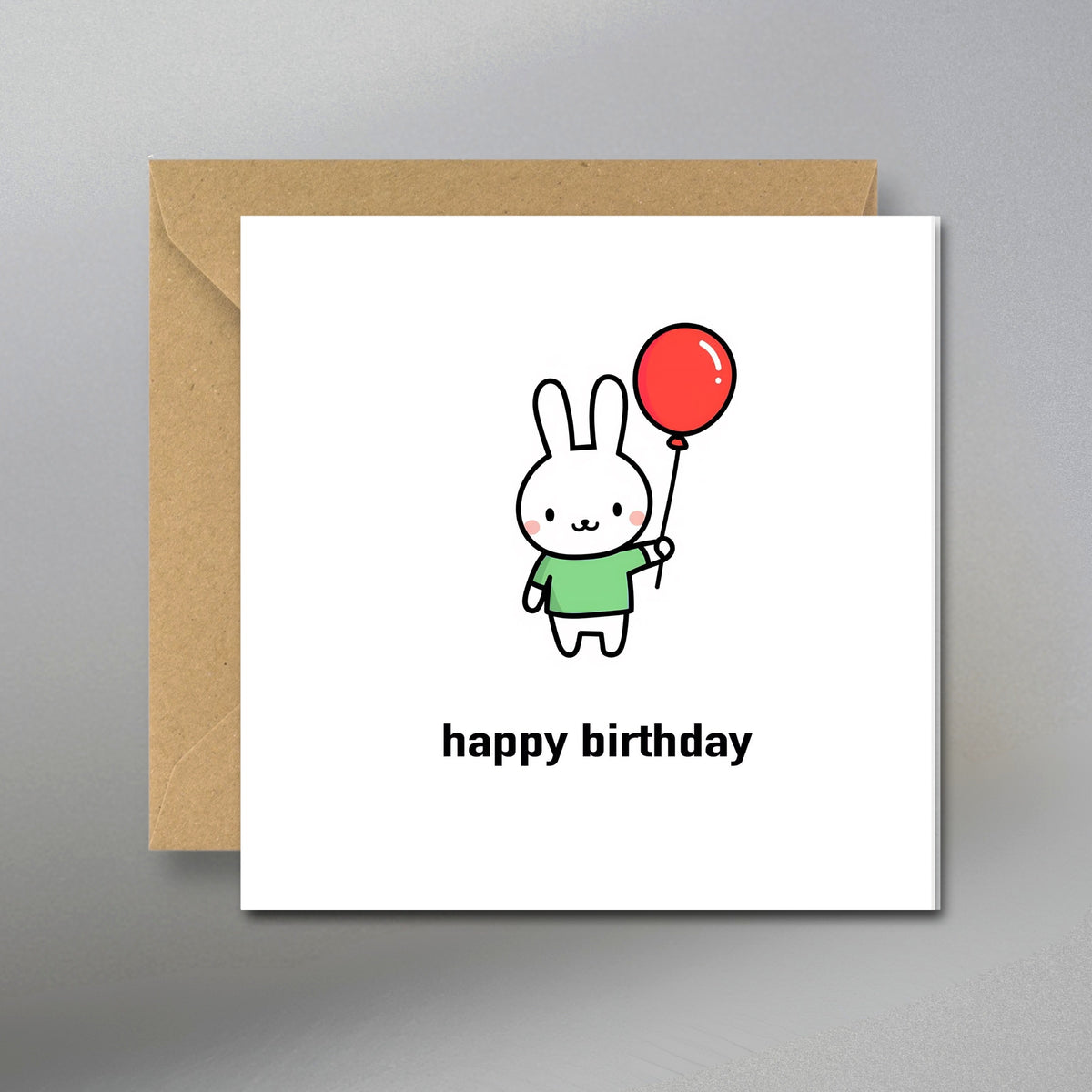 Rabbit Happy Birthday Card - Main Front View with Kraft Envelope