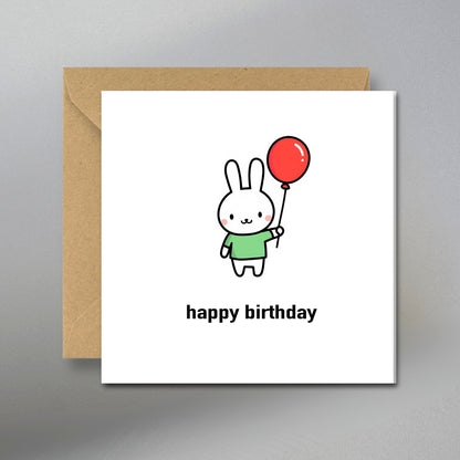 Rabbit Happy Birthday Card - Main Front View with Kraft Envelope