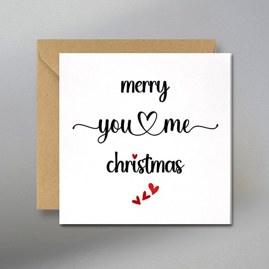 Merry You & Me Christmas Card, Romantic Christmas Card, Premium Card with Grey Envelope and Gift Tags, Perfect Christmas Card for Couples - Main Front View with Kraft Envelope