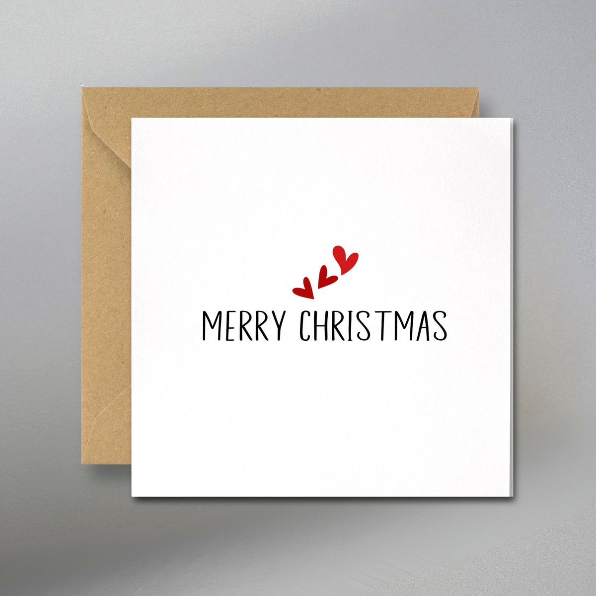 Romantic Merry Christmas Card, Grey Envelope and Gift Tags - Main Front View with Kraft Envelope