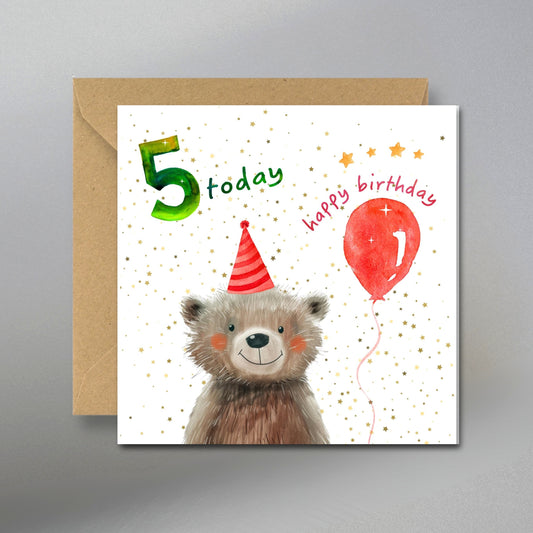 5 Today Birthday Card, 5th Birthday Card - Main Front View with Kraft Envelope