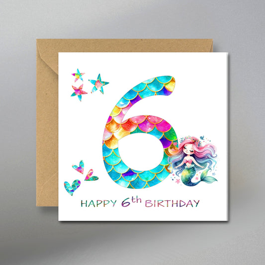 Mermaid 6th Birthday Card - Main Front View with Kraft Envelope