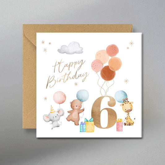 6th Bolloons Birthday Card - Main Front View with Kraft Envelope