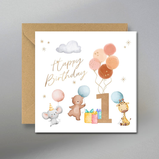 1st Balloons Birthday Card - Main Front View with Kraft Envelope