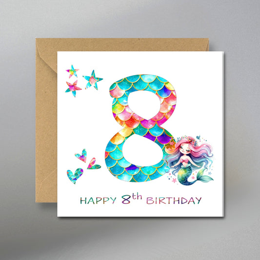 Mermaid 8th Birthday Card - Main Front View with Kraft Envelope