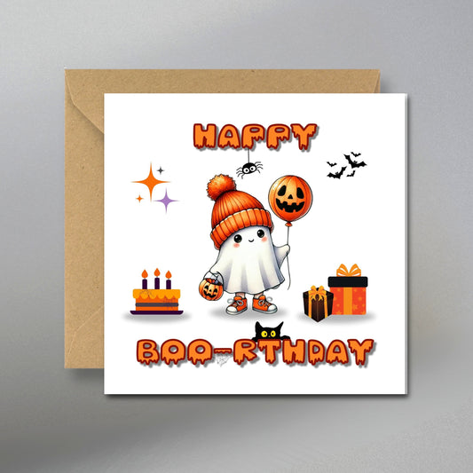 Cute Halloween Birthday Card - Main Front View with Kraft Envelope