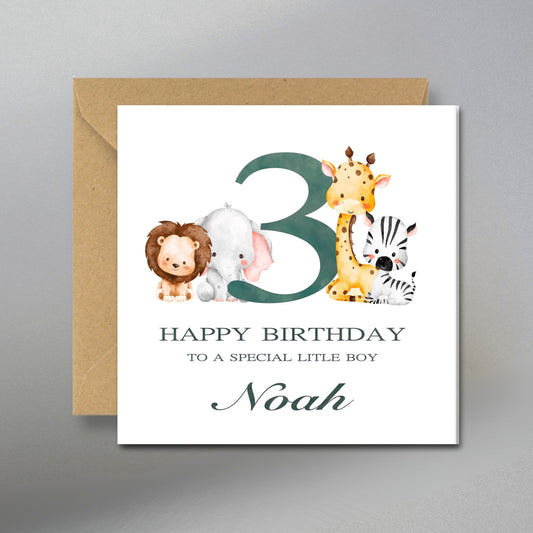 Safari Animal 3rd Birthday Card - Main Front View with Kraft Envelope