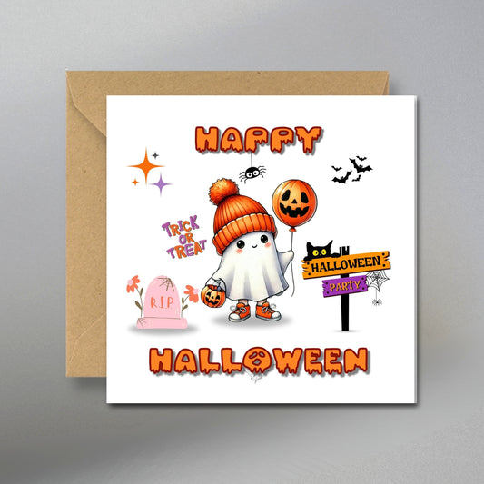 Happy Halloween Card, Ghost, Pumpkin, Trick or Treat, Handmade Greeting Card with 120gsm Light Grey Envelope & 2 Gift Tags, Premium Quality - Main Front View with Kraft Envelope