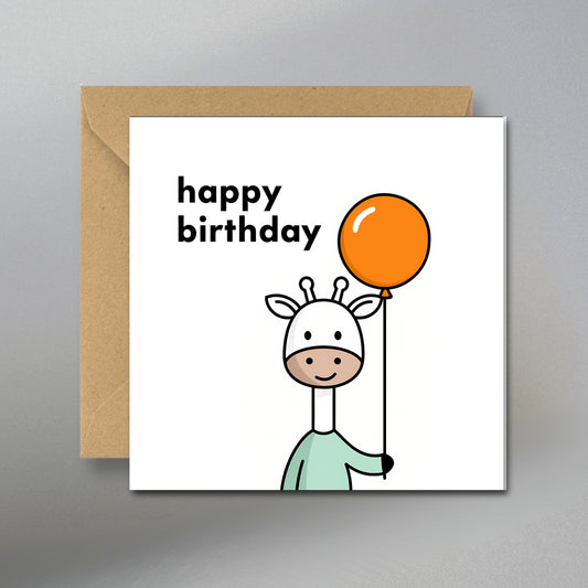 Giraffe Happy Birthday Card - Main Front View with Kraft Envelope