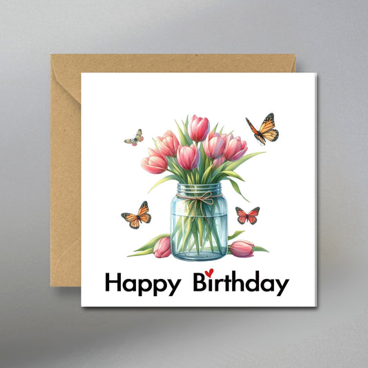 Flower Birthday Card - Main Front View with Kraft Envelope