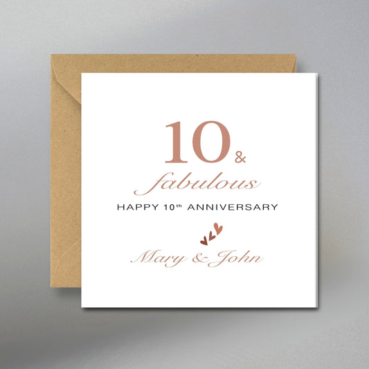 Personalized 10th Happy Anniversary Card - Main Front View with Kraft Envelope