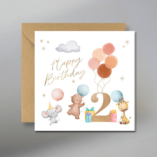 2nd Balloons Birthday Card - Main Front View with Kraft Envelope