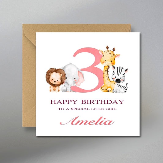 Safari Animal 3rd Birthday Card - Main Front View with Kraft Envelope
