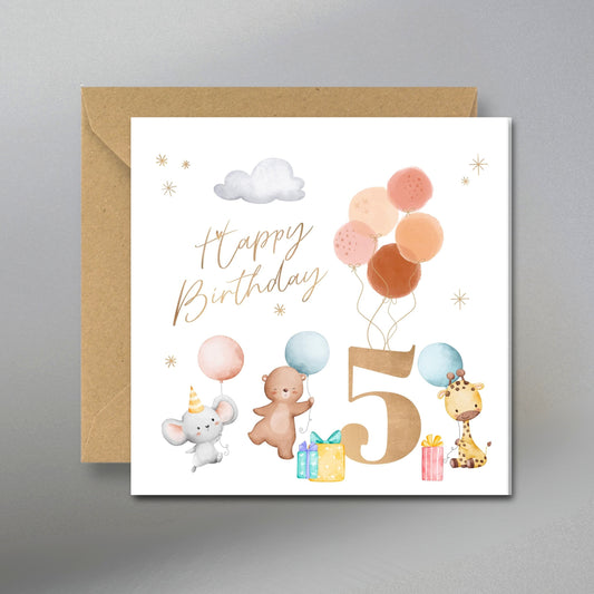 5th Balloons Birthday Card - Main Front View with Kraft Envelope