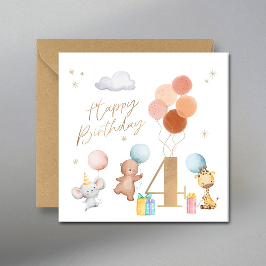 4th Balloons Birthday Card - Main Front View with Kraft Envelope