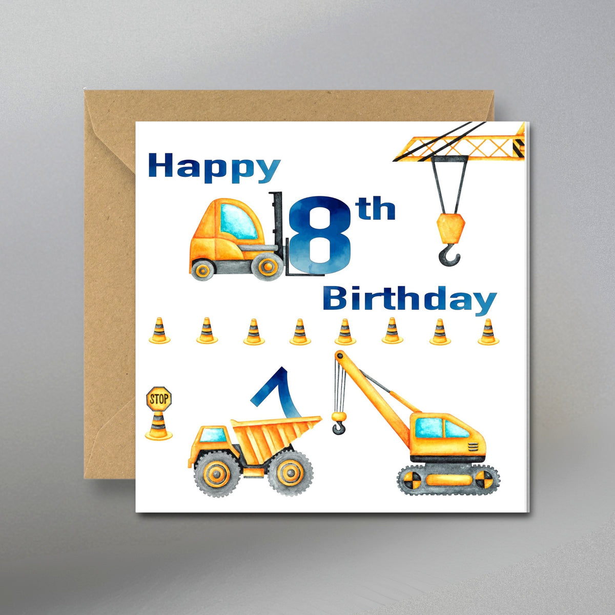 Happy 8th Birthday Card for Kids - Main Front View with Kraft Envelope