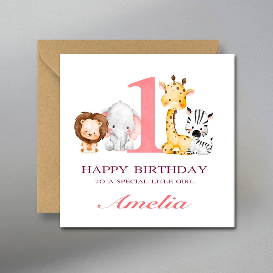 Safari Animal 1st Birthday Card - Main Front View with Kraft Envelope