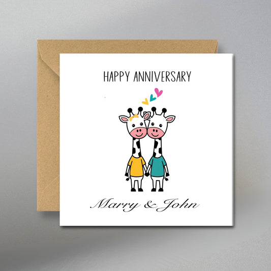 Happy Anniversary Card, Cute Giraffe Couple Anniversary Card - Main Front View with Kraft Envelope