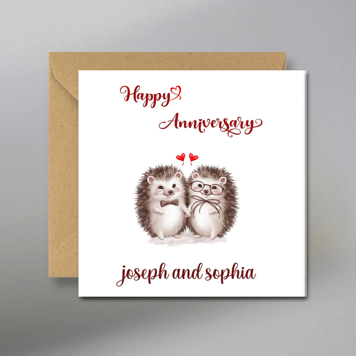 Personalized Hedgehog  Happy Anniversary Card - Main Front View with Kraft Envelope