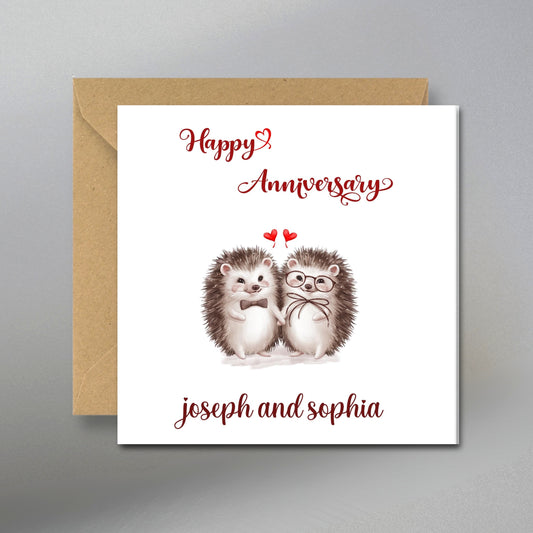 Personalized Hedgehog  Happy Anniversary Card - Main Front View with Kraft Envelope