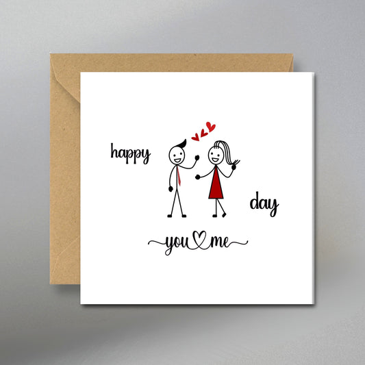 Happy You and Me Day Card, Cute Couple Anniversary Card - Main Front View with Kraft Envelope