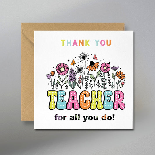 Thank You Teacher Card, Best Teacher, Teaching Assistant Gift, Head Teacher - Main Front View with Kraft Envelope