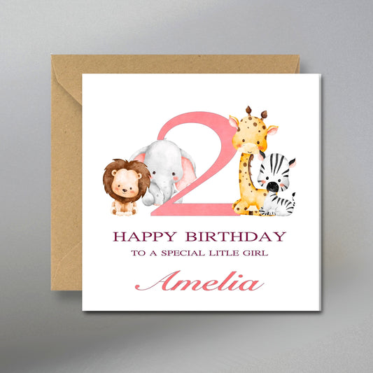 Safari Animal 2nd Birthday Card - Main Front View with Kraft Envelope
